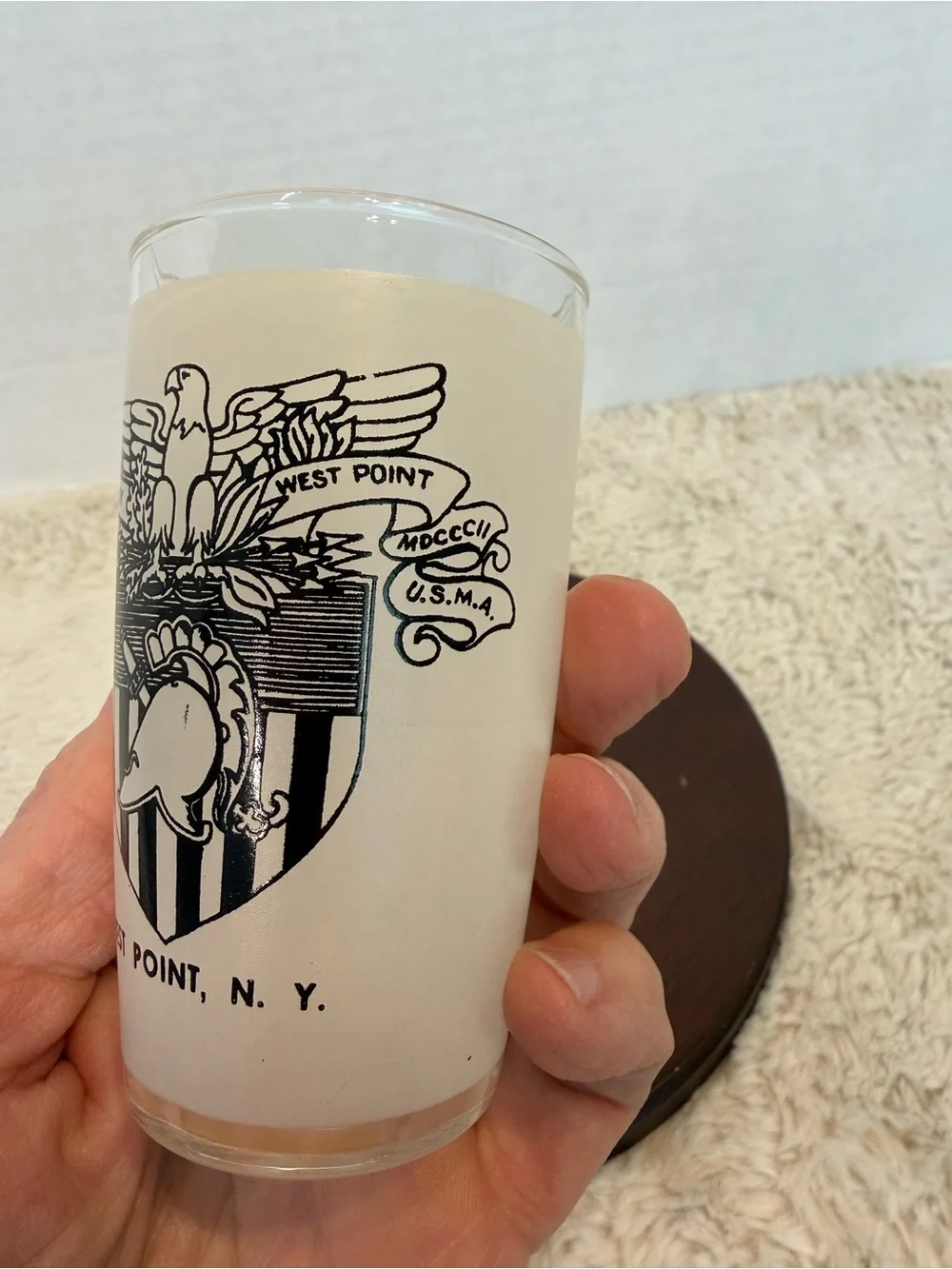 Vintage frosted souvenir West Point Military Academy tumbler with black crest